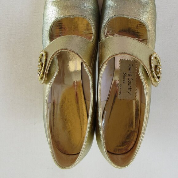 Vintage Town & Country Mary Janes Women's Metallic Leather Gold Pumps Shoes - Picture 4 of 12